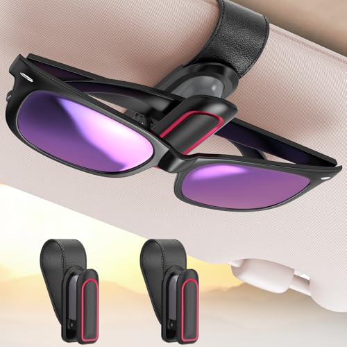Sunglass Holder for Car (2 Pack, One-Handed Operation, Gentle & Secure Hold, Silicone Padded, Universal Fits Sunglass and Car Visor) - Sunglasses Clip for Car Visor (Black & Red, 2 Pack) - color: Black & Red, size: 2 Pack