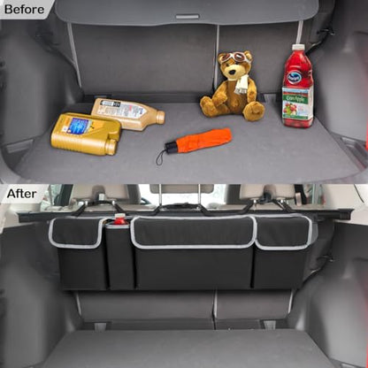 Osilly Car Trunk Organizer with Lid, Backseat Hanging Storage Bag with 4 Pockets & 3 Adjustable Straps, Waterproof PVC Collapsible Cargo Bag, Car Interior Accessories for Auto SUV MPV