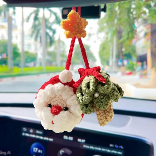 Cute Crochet Pine Tree Santa Claus Christmas Hanging Plant for Car Accessories, Xmas Decor Rear View Mirror Hanging Ornament for Women and Men, Handmade Cute Car Decor Accessories Gift. - color: Pine
