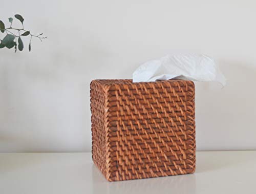 Rattan Tissue Box Cover Natural Woven Facial Napkin Holder Square (Honey Brown, 5.5x5.5x5.9 Inch) - color: Honey Brown
