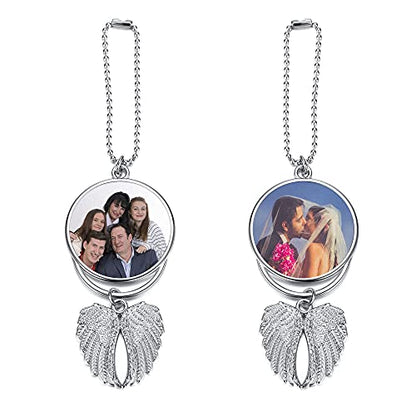 Custom Photo Rearview Mirror Car Charm Double Side Picture Engraving Car Hanging Ornament Angel Wing Car Charm Gift for Men Women - color: Silver-1 Pc