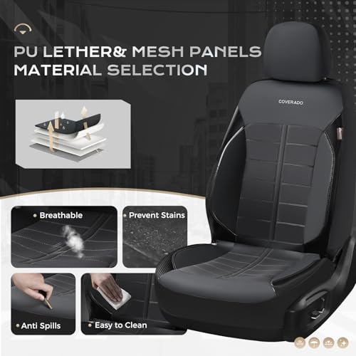 Coverado Front Seat Leather Covers, Full Leather Construction with Carbon Fibre Weave, Universal Fit for Most Cars SUV Trucks (Black) - color: Black, size: Front