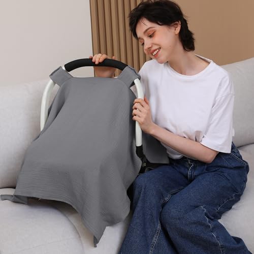 100% Muslin Cotton Car Seat Cover Baby, Carseat Canopy Cover, Universal Fit Stroller Covers for Boys and Girls (Grey) - color: grey
