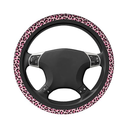 Pink Leopard Print Steering Wheel Cover Pink Cheetah Steering Wheel Car Cup Holder Pad 2 Pack 15 Inch Steering Wheel Cover Women Men Anti Slip Breathable Wheel Cover Protector - color: Pink leopard print