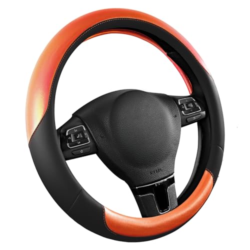 Road Comforts Steering Wheel Cover – Breathable Leather Steering Wheel Cover, Anti-Slip Grip, Universal Fit 14.5” to 15”, Heat & Cold Resistant for Cars, SUVs, and Trucks – Black & Shining Orange - color: Black&Orange