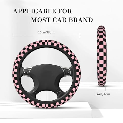 Pink and Black Checkered Steering Wheel Cover for Women, Universal Auto Steering Wheel 14-15 Inch Car Interior Accessories with 2PCS Car Coasters, Suitable for Men and Women - color: Pink red2