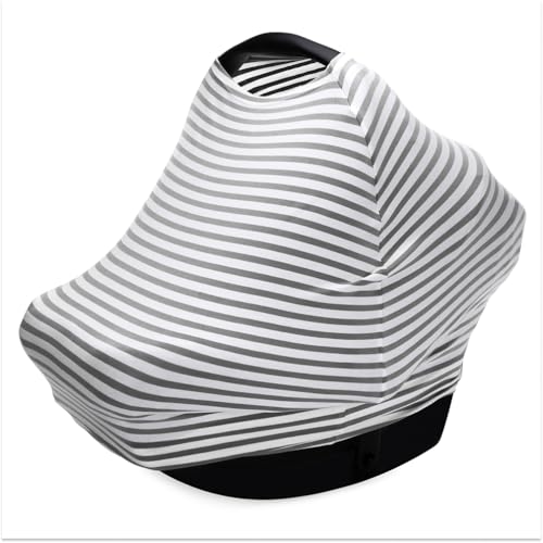 Parker Baby 4 in 1 Car Seat Cover for Girls and Boys - Stretchy Carseat Canopy, Nursing Cover, Grocery Cart Cover, High Chair Cover - Gray/White Stripes - color: Gray, White Stripes