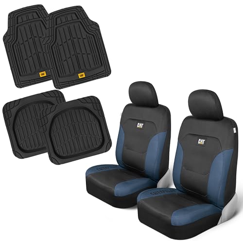 CAT Front Seat Covers for Cars (2-Pack) & 4-Piece Trim to Fit, Heavy Duty Protection, All Weather Floor Mats – Universal Fit, Waterproof Mats, Easy Install, for Trucks, SUVs, Vans, & Car Accessories - color: z-Front Seats & Mats Blue