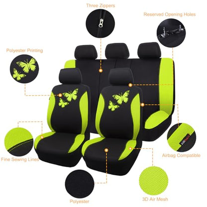 Flying Banner Butterfly car seat Covers ful Set Fashion Universal Lady Woman Female Rear Bench Split Colorized (Green, Full Set) - color: Green, size: Full set