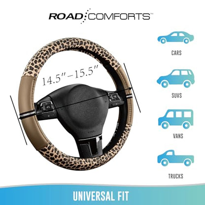 Road Comforts Leopard Steering Wheel Cover for Women, Cute Anti-Slip Microfiber Leather, Universal Fit 14.5-15 Inch Round Steering Wheel - Beige - color: Round Beige