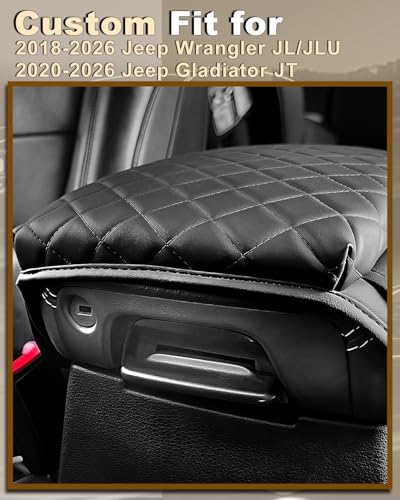 Armrest Cover for Jeep Wrangler JL Center Console Pad with Organizer Storage Pockets, Black Faux Leather Arm Rest Lid Cushion Accessories (2018-2026 Wrangler JL/Gladiator JT)