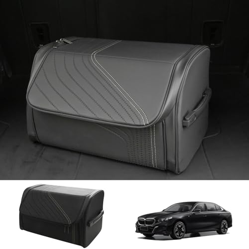TOPABYTE Car Trunk Organizer with Lid and Sturdy Handle Foldable Durable Premium Leather Storage Box Cargo for BMW SUV Sedan Truck, Black, Small