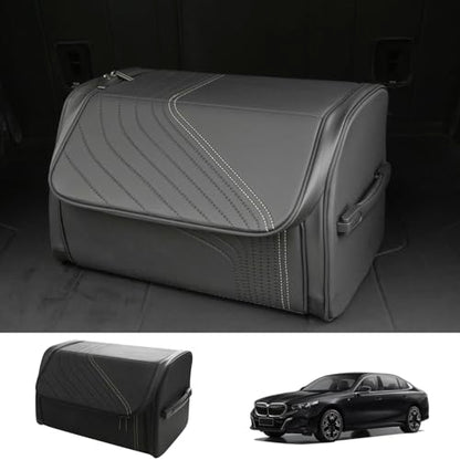 TOPABYTE Car Trunk Organizer with Lid and Sturdy Handle Foldable Durable Premium Leather Storage Box Cargo for BMW SUV Sedan Truck, Black, Small