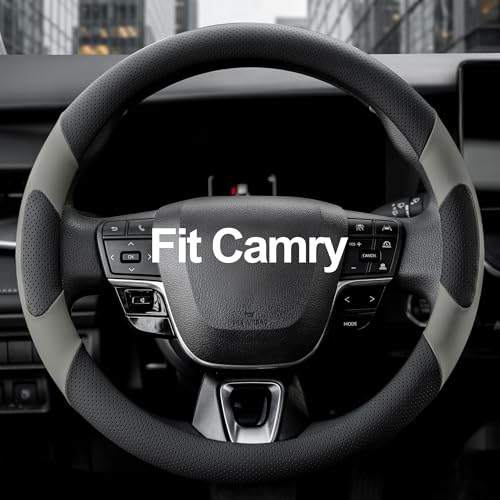 West Llama Customized Auto Car Steering Wheel Cover for Toyota Camry 2006-2026, Microfiber Leather, Anti-Slip, 14.5-15inch, Black + Grey - color: A-Black+Gray