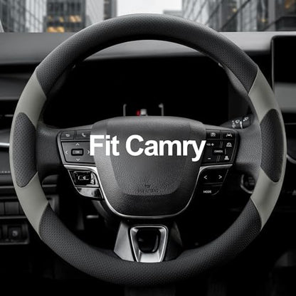 West Llama Customized Auto Car Steering Wheel Cover for Toyota Camry 2006-2026, Microfiber Leather, Anti-Slip, 14.5-15inch, Black + Grey - color: A-Black+Gray