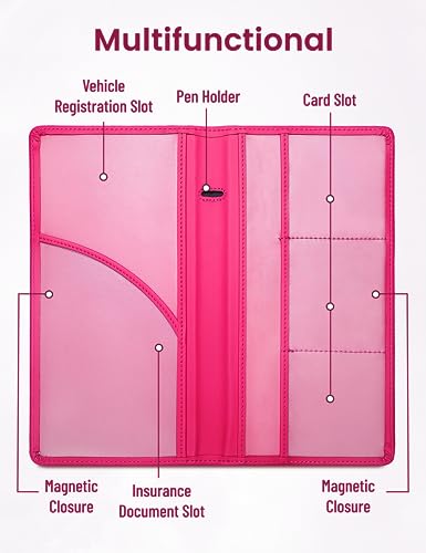 Yarnic Car Registration and Insurance Holder, Car Document Holder with Magnetic Closure, Registration and Insurance Card Holder Car Organizer Glove Box Compartment Organizer for Men Women (Hot Pink) - color: Hotpink