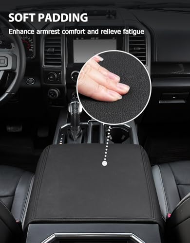 Center Console Cover for 2015-2020 F150 Accessories, F250 F350 F450 2017-2022, Expedition 2018-2024, PU Leather Middle Armrest Cusion Protector, Bucket Seat Only, Anti-Scratch, Black - size: Bucket Seat, 17-22 F250-F450, black stitch