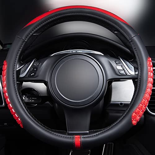 Flying Banner car Steering Wheel Cover Gel Massage Velvet Cool Warm Universal Size 15 inches SUV Truck Anti Slip Odorless Summer Winter (Black Red, Gel Massage) - color: Black Red