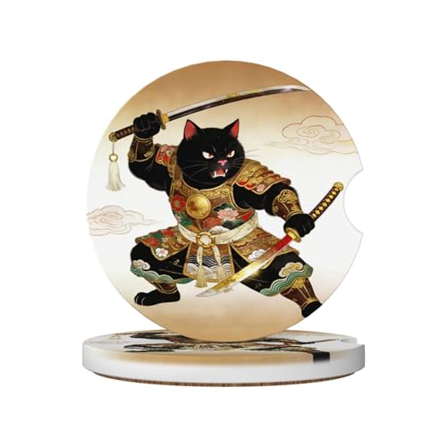 Black Cat Samurai Sword 2 Pack Car Cup Holder Coasters Absorbent Ceramic Drink Coasters 2.56" Universal Anti Slip Cup Mat with Non-Scratch Cork Base and Finger Notch Auto Accessories Interior - color: Rainbow