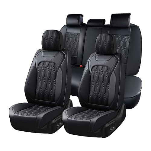 Coverado Car Seat Cover, Black Luxury Seat Cover for Cars, Premium Nappa Leather Seat Covers Full Set with Embossed Pattern, Waterproof Car Seat Protector Car Seat Cushions Universal Fit Most Vehicle - color: Embossed-Black01, size: FullSet