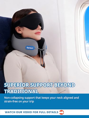 SARISUN Neck Pillow Airplane,Travel Pillow with Strap, Combo with 3D Eye Mask for Sleep, Dual-Density Supportive Foam Airplane Pillow for Long Flights, Car Road Trip Travel Essentials Grey - color: Grey&black