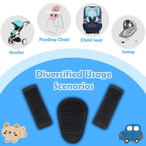3 Pcs Car Seat Stroller Straps Pads for Baby, Newborn Soft Shoulder Strap and Crotch Covers, Universal Shoulder Straps Pads for Car Seat, Pushchair, High Chair (Black)