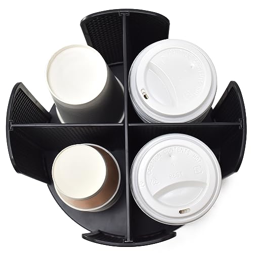 Cup and Lid Organizer, 360° Rotatable Coffee Cup Holder for Disposable Plastic and Paper Cups of 5 to 16 oz, 4 Compartments Detachable Countertop Cup Dispenser Coffee Station, Black - color: Black