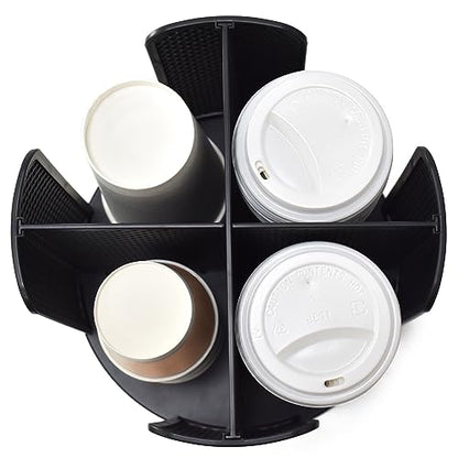 Cup and Lid Organizer, 360° Rotatable Coffee Cup Holder for Disposable Plastic and Paper Cups of 5 to 16 oz, 4 Compartments Detachable Countertop Cup Dispenser Coffee Station, Black - color: Black
