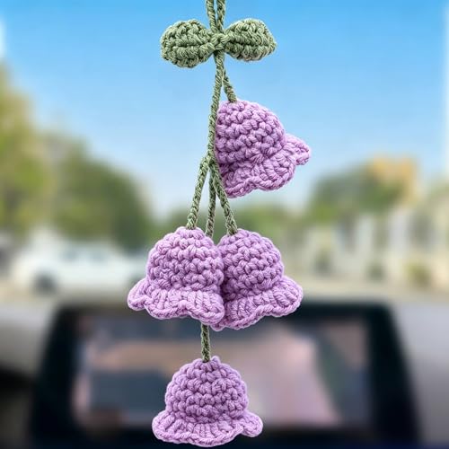 Car Mirror Hanging Accessories - Handmade Knitted Lily Flower Pendant, Cute Crochet Hanging Decor for Rearview Mirror, Women's Car Interior Decoration (1 Pcs, Purple) - color: Purple-4