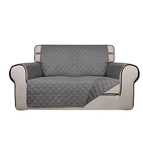 PureFit Reversible Quilted Sofa Cover, Water Resistant Medium Slipcover Furniture Protector, Washable Couch Cover with Non Slip Foam and Elastic Straps for Kids, Dogs, Pets (Loveseat, Gray/Gray) - color: Gray/Gray, size: Medium