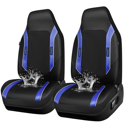 CAR PASS Sporty High Back 3D Oxford Waterproof Car Seat Cover Two Front, Universal Carbon Fiber Leather Bucket Seat Cover All Weather, Airbag Compatible Fit Sports Car SUV Sedan Truck Black Blue - color: Black and Blue