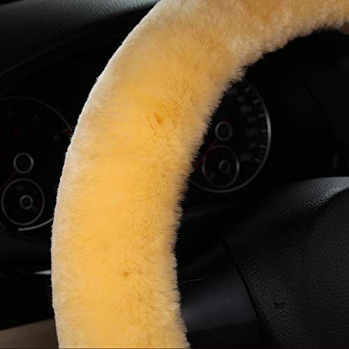 Plush Fuzzy Fluffy Wool Sheepskin Car Steering Wheel Cover for Girls Women Cozy Universal Soft Car Auto 14 1/2-15 1/2inchs (Golden Yellow) - color: Golden Yellow