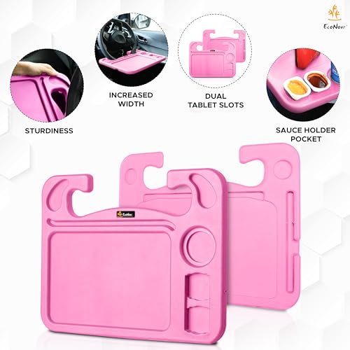 EcoNour 4 in 1 Car Steering Wheel Tray - 2024 Upgraded Pink Tray with Dual Sauce Dip Holder and Tablet Holder | Spacious Steering Wheel Desk for Food and Laptop | Car Accessories (Large) - size: Large-Pink