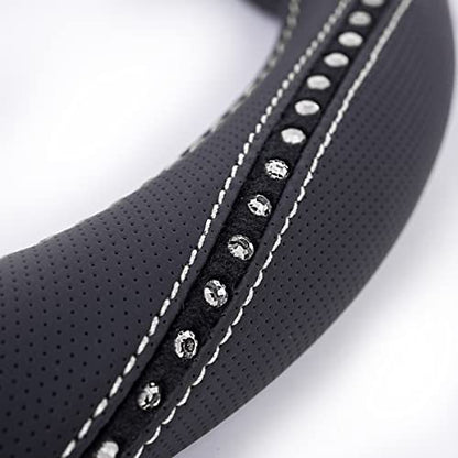 CAR PASS Bling Diamond Black Leather Steering Wheel Cover, Studded Crystal Rhinestones Universal Fit 14" 1/2-15" Glitter for Women Sparkle Girl Fit Suvs,Vans,Sedans,Car,Trucks, Silver Diamond
