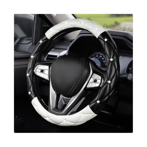Bling Car Steering Wheel Cover, 15 Inch Diamond Leather Anti-Slip Auto Steering Wheel Protector, Cute Sparkly Rhinestones Wheels Cover Automotive Decoration for Women Girl (Black & White) - color: Black & White