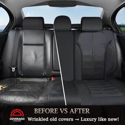 Coverado Full Set Leather Car Seat Covers, Crafted with Full Leather Construction and Carbon Fibre Weave Universal Fit for Most Cars SUV Trucks(Black - color: Black, size: FullSet