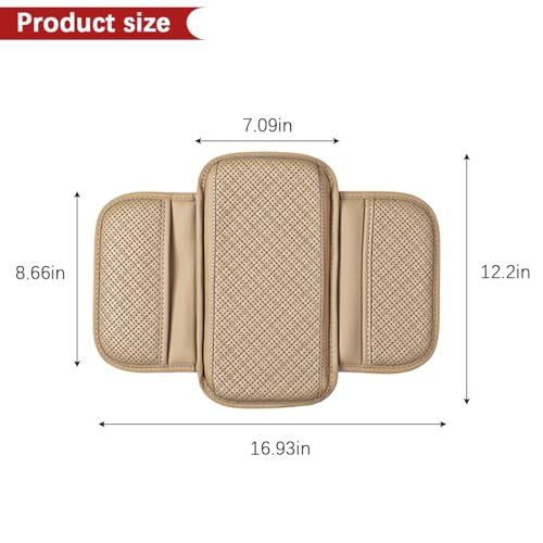 Car Center Console Cover, Leather Non Slip Vehicle Armrest Storage Box Cushion Pad with Storage Bags, Automotive Middle Console Protector, Universal for SUV RV Truck (Beige)
