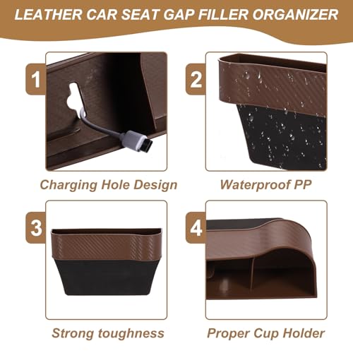 HARFINGTON Car Seat Gap Filler Organizer 10.6 x 7.1 x 2.8 Inch ABS+Leather Universal Car Organizer Storage Box Between Seat and Console (Left) with Cup Holders for Phone Keys, Brown - color: Brown