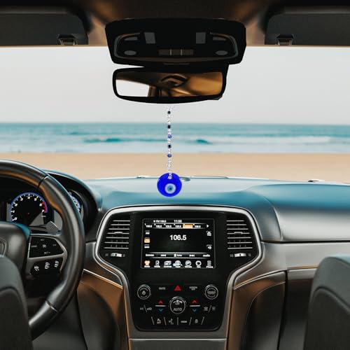 COMNICO Evil Eye Car Hanging Ornament, Classic Blue Evil Eye Beaded Charms Rear View Mirror Pendent Decor Car Accessories for Window Door Wall(White Beads) - style: White beads