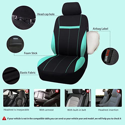 CAR-GRAND Sporty Cloth Car Seat Covers Full Set, Breathable and Washable,Universal Fit for Car, Truck, Sedan, Vans, SUV, Airbag Compatible, Zipper Design - color: Mint