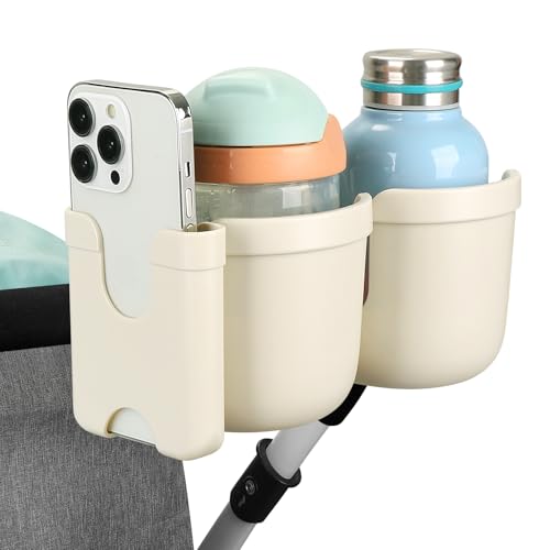 Accmor Stroller Cup Holder with Phone Holder, Bike Cup Holder, Universal Cup Holder for Uppababy Nuna Doona Strollers, 2-in-1 Cup Holder for Walker, Wheelchair, Scooter - color: Double Holder-All Off White