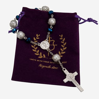 One Decade Car Rosary Navy Blue Glass Prayer Beads with St. Benedict Medal & Crucifix Spiritual Protection Rearview Mirror Accessory Catholic Gift for Travelers - color: Navy Blue