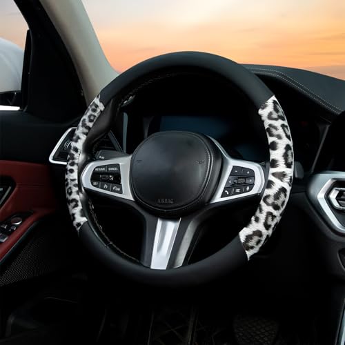 White Leopard Steering Wheel Cover Auto Leather Steering Wheel Protector, Anti-Slip, Breathable, Absorbing Sweat, Universal Leopard Car Accessories 14.5–15 inch,Fit for Most Car, Trucks, SUV - style: White Leopard