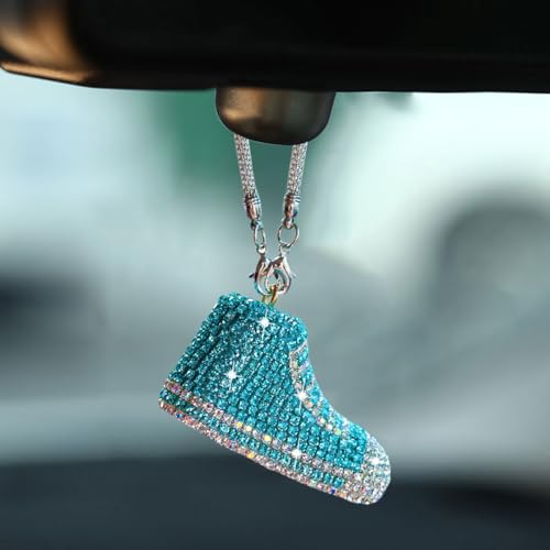 Bling Sneaker Shoe Sparkly Car Hanging Ornament, Cute Crystal Rear View Mirror Pendant, Diamond Rearview Mirror Charms, Lucky Car Interior Decor Accessories (Lake Blue) - color: Lake Blue