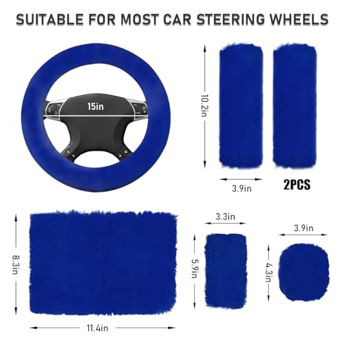 Ohleats 6 PCS Fluffy Steering Wheel Covers Set, 15'' Furry Car Wheel Cover, Soft Gear Shift & Handbrake Cover, Center Console & Seat Belt Shoulder Pads for Women, Car Accessories (Royal Blue) - color: Royal Blue