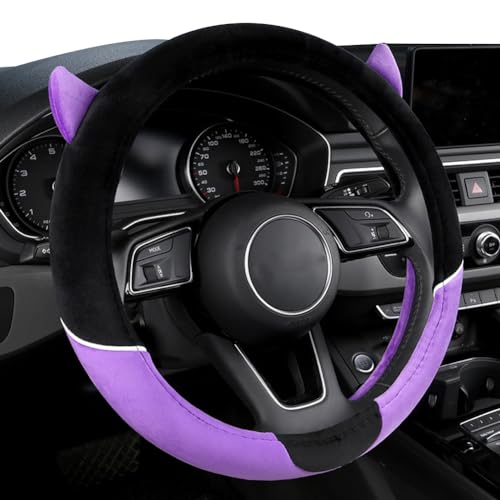 Cute Devil Car Steering Wheel Cover Non-Slip Plush Steering Wheel Covers Protector for Women Girls, Car Interior Accessories, Universal Fit 15 Inch, Purple