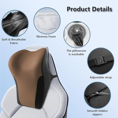 BABUR Car Headrest Pillow | Ergonomic Memory Foam Neck Shoulder Support Pillow with Adjustable Design & Enlarged Surface | Pain Relief for Driving Travel Sleeping | Brown 1 Pack - color: Brown