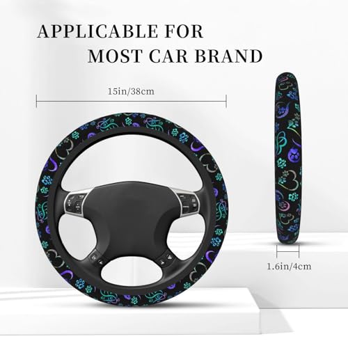 Paw Print Heart Print Steering Wheel Cover Anti-Slip,Sweat Absorption Universal 15 inch Steering Wheel Covers Cute car Accessories for Men Women - color: Black 1