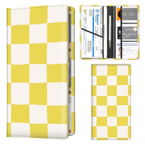 Car Registration and Insurance Holder with Magnetic Shut, Cute Vehicle Glove Box Car Organizer, Premium Interior Car Accessories for Women Men Yellow White Plaid - color: Yellow White Plaid