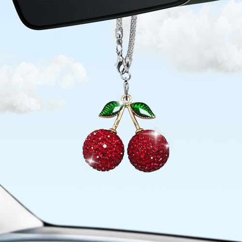 Bling Cherry Car Rear View Mirror Charm, Red Rhinestone Crystal Pendant, Sparkly Diamond Hanging Ornament, Cute Aesthetic Decor for Women, Lucky Cute Car Interior Accessories for Women